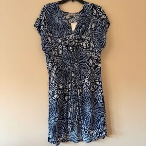 J Valdi Blue White Floral Rayon Dress XL Boho Abstract Print Midi NWT